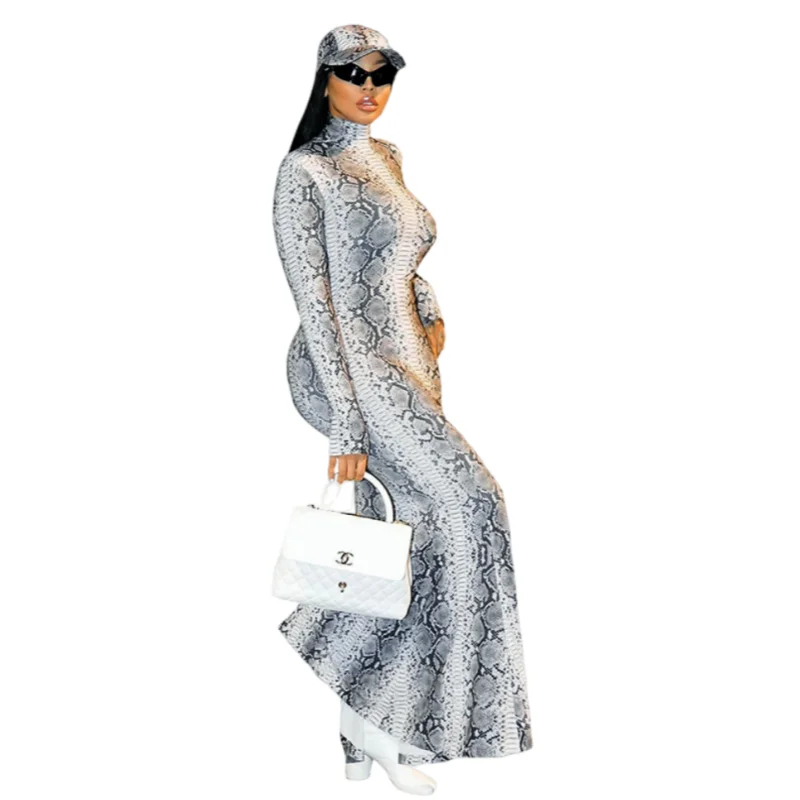 

Women's Snake Print Mermaid Dress Long Sleeve Turtleneck High Waist Slim