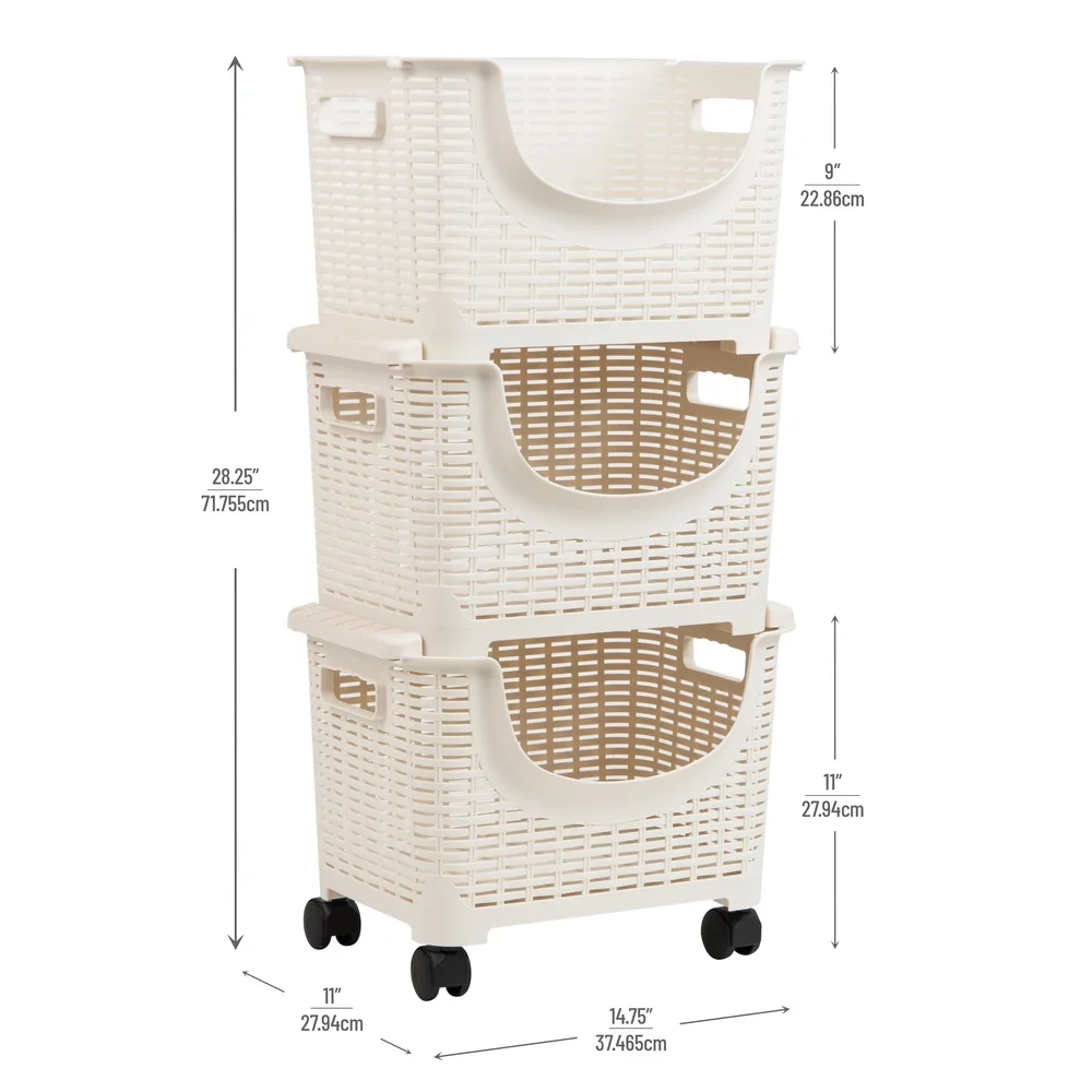 3-Tier Rolling Laundry Cart Plastic Organizer Kitchen Laundry Toys Crafts Easy Mobility Detachable Baskets Durable Versatile