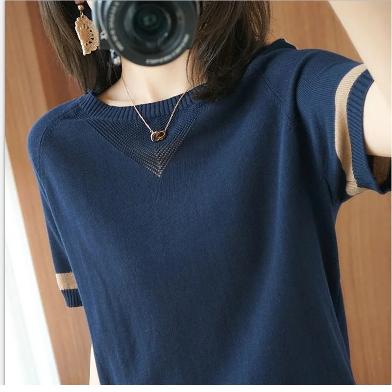 Summer Women Vintage Striped T-Shirt Korean All-match Hollow Out Fashion Short Sleeve O-Neck Loose Casual Knitted Pullover Tops