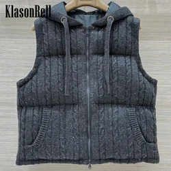 8.25 KlasonBell Women Noble 100% Cashmere Hooded Goose Down Vest Beading Chain Lace-up Bling Sequins Decoration Vest Outerwear