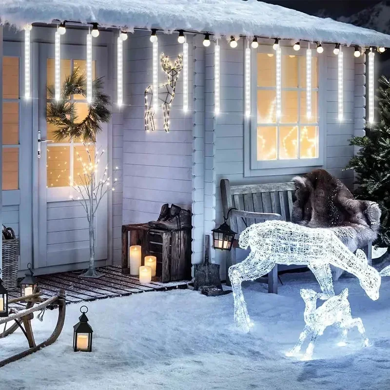 الجنية عطلة الإضاءة 8 أنابيب LED النيزك دش حفل زفاف غرفة نوم ديكور خارجي 2025 عيد الميلاد ديكور المنزل الاتحاد الأوروبي التوصيل 220 فولت