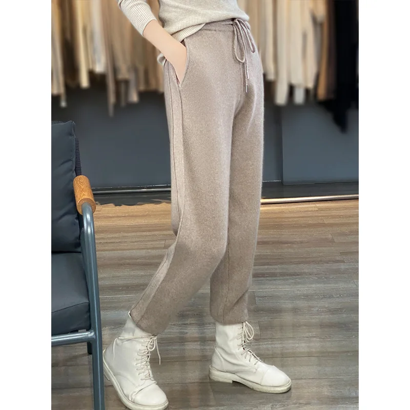 Women Winter Wool Harlan Pants Drawstring High Waist Straight Korean Loose Sweatpants Long Trousers Autumn Warm Pencil Pants