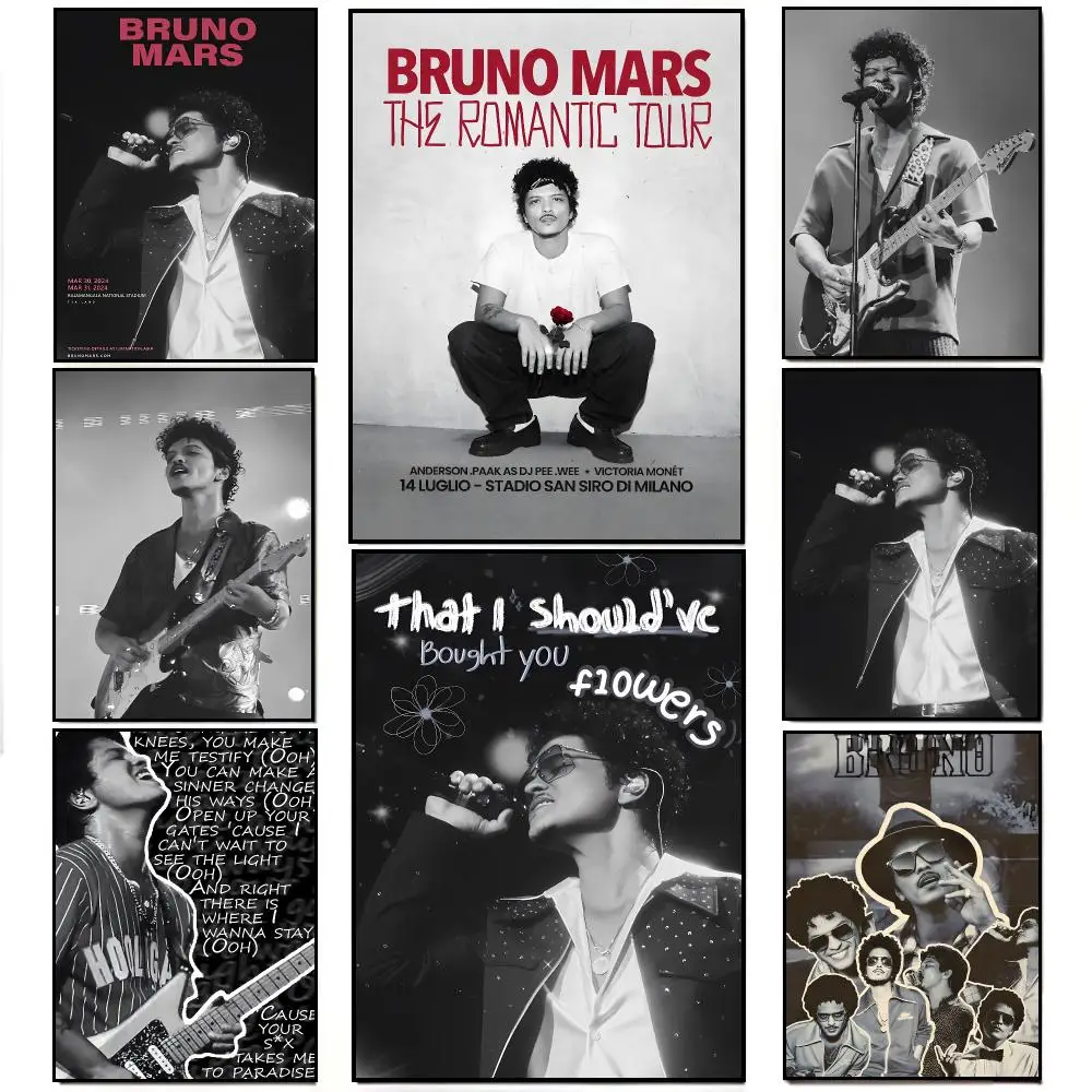 Pop Superstar B-Bruno Mars Black And White Poster Artwork Self Adhesive Indoor Wall Hanging Room Decor Gift