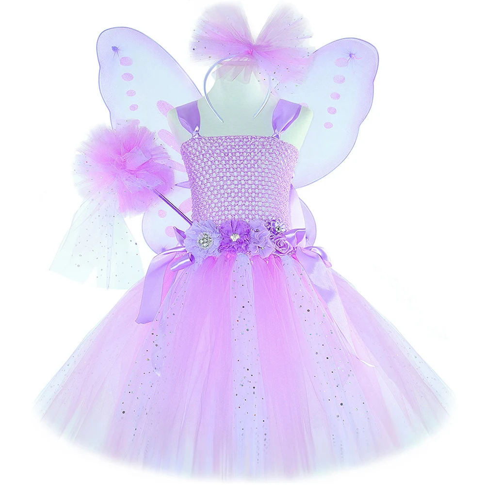 Sparkles Lavender Purple Flower Fairy Costumes Girls Butterfly Elf Princess Dresses with Wings Tulle Wand for Halloween Birthday