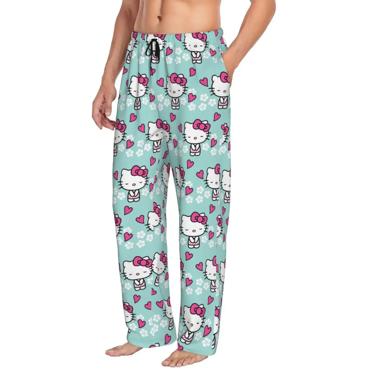 Calça de pijama Hello Kitty masculina animada, pijamas personalizados, fundo de sono lounge, elástico com bolsos, anime