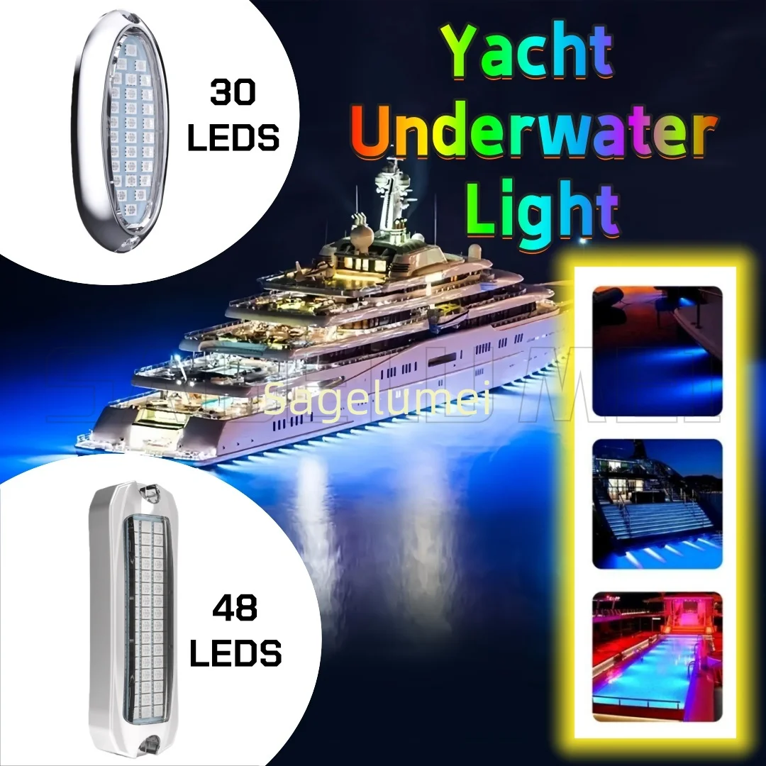 1pc IP68 Waterproof Boat Transom Lamp 30LED 48LED Stainless Underwater Light Pontoon Marine Ship Lights Blue/White/Red/Green 12V