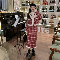 Women Y2k Cropped Blazer Skirts 2pcs Set Winter Thicken Long Sleeve Jackets with Mini Plaid Skirt Suits Harajuku Gothic Outfits