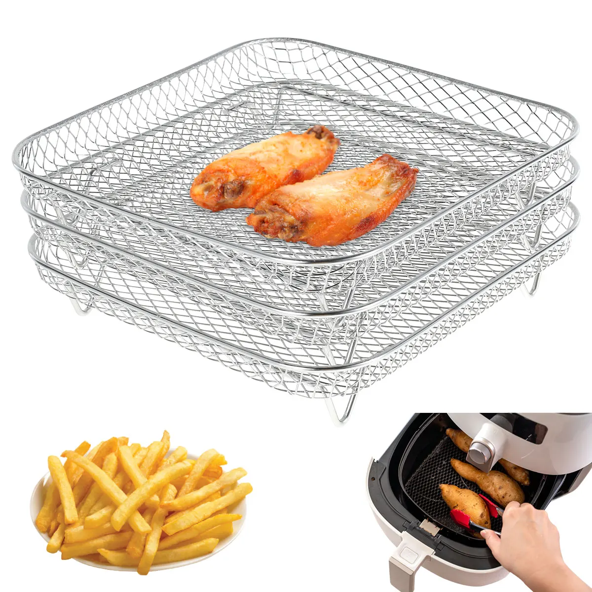 8 inch Air Fryer Rack 3Layer Stackable Dehydrator Rack Steel Square Air Fryer Basket Tray Air Fryer Accessorie for 5.8QT/7.5L-8L