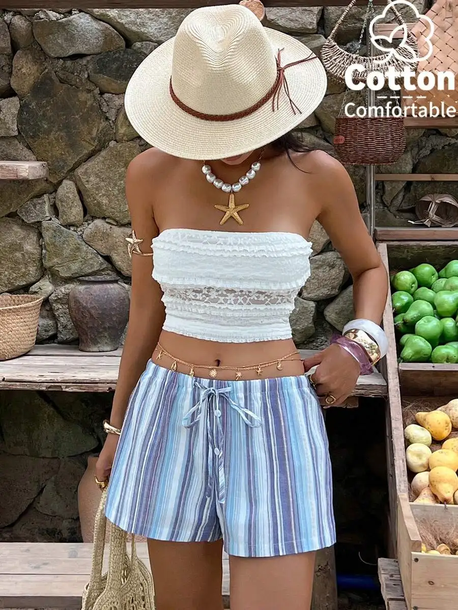 

Striped Blue Linen-Blend Shorts With Ruffle Crop Top And Pearl Star Necklace For Beach Vacation Casual Style