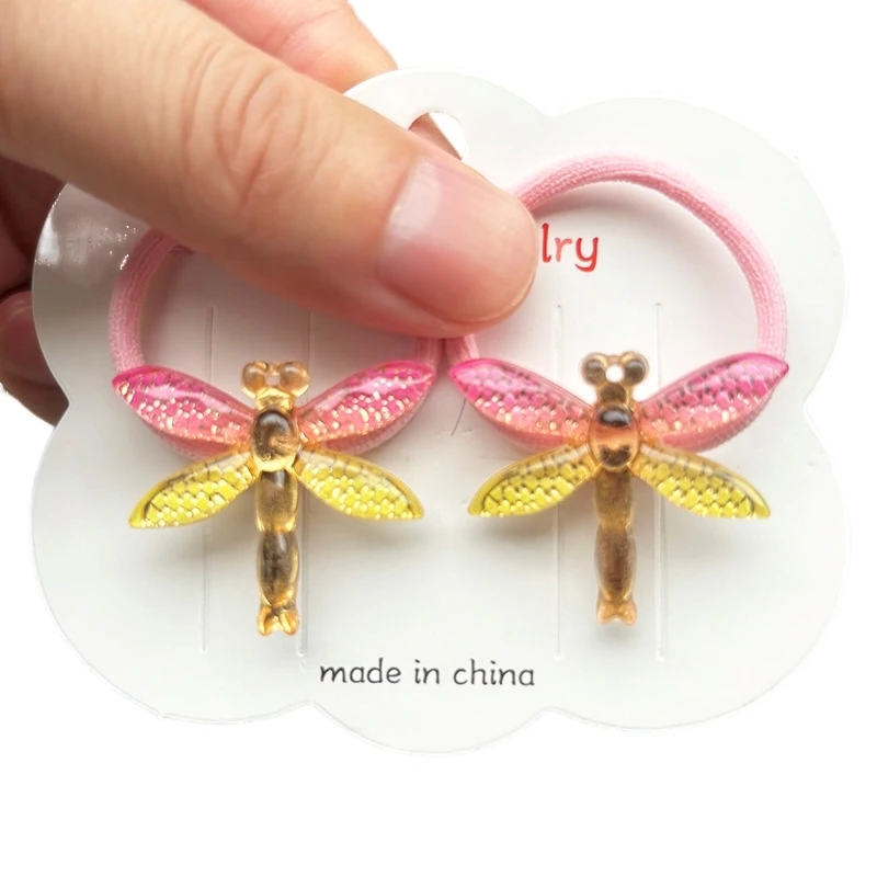 2PCS Lovely Cartoon Acrylic Dragonfly Girls Elastic Hair Bands Princess Hair Accessories Children Hair Ties Baby Headwear