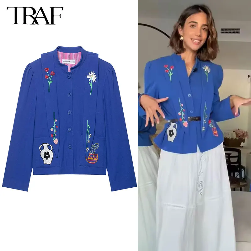 

TRAF женское осеннее модное пальто в стиле ретро с круглым вырезом и длинными рукавами, вышитое пальто, женская элегантная повседневная куртка с карманами, украшенная High Street