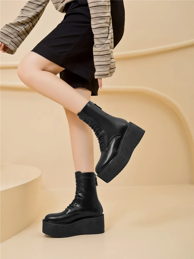 Damen-Stiefeletten und -Boots mit rutschfester, dicker Sohle für Herbst und Winter, Retro-Stiefel mit Erhöhung, Motorradstiefel für Damen – Detail 5