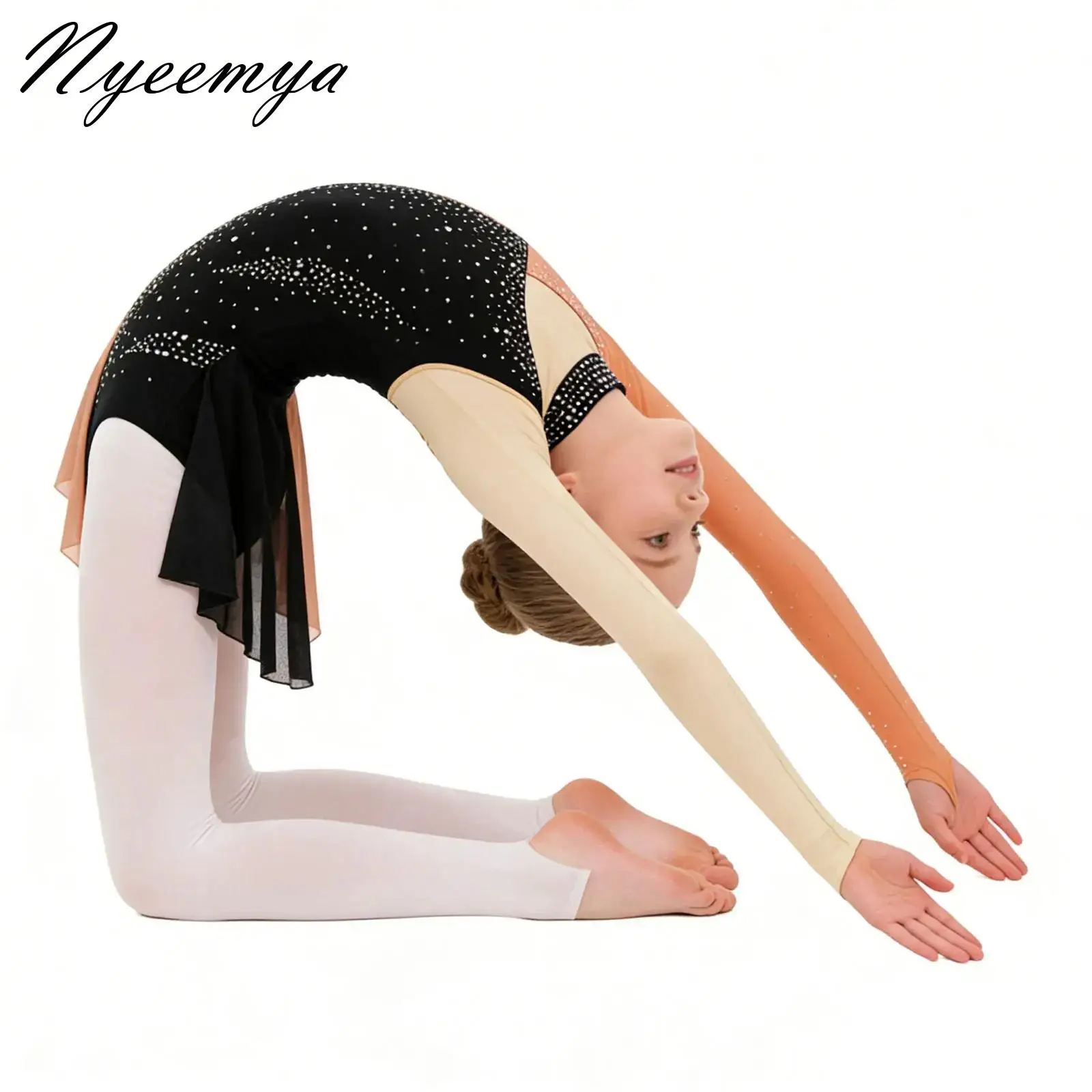 

Kids Girls Acrobatics Figure Skating Dance Dress Rhythmic Gymnastics Leotard Sparkly Rhinestone Sheer Mesh Long Sleeve Bodysuit
