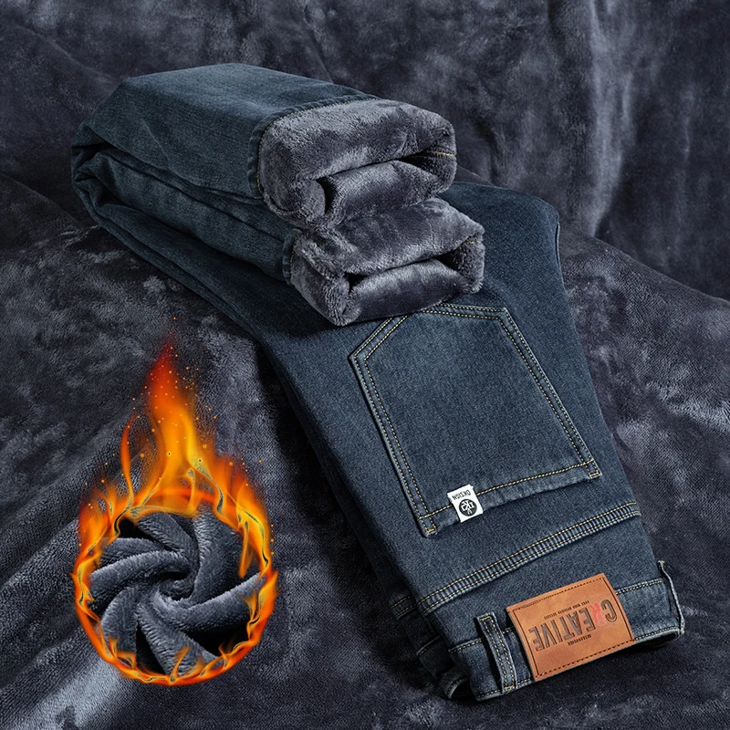 

Зимние флисовые теплые прямые джинсы, мужские новые эластичные облегающие джинсовые брюки 2025 года, хлопковые толстые бархатные повседневные брюки