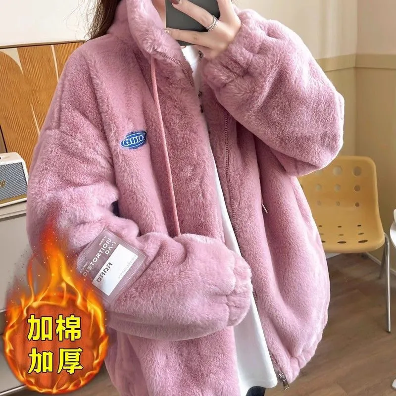 

New Women Winter Coral Fleece Warm Coat Thick Stand Collar Plush Furry Cotton-padded Oversize Outwear Cardigan Lady Parkas Coats