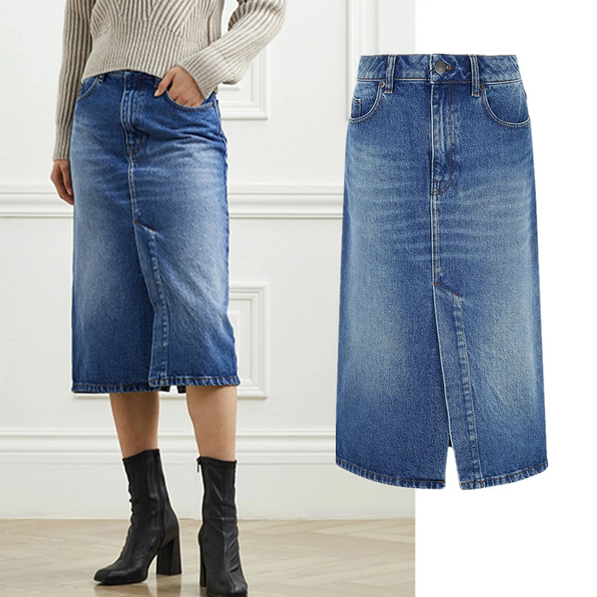 

Jenny & Dave, скандинавская хлопковая универсальная стираная юбка, женская одежда, синяя джинсовая юбка с высокой талией и разрезом для женщин