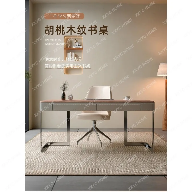 XX Retro Walnut Wood Desk Solid Wood Writing Table Minimalist  Style Home Office Computer Desk With Faux Leather Top