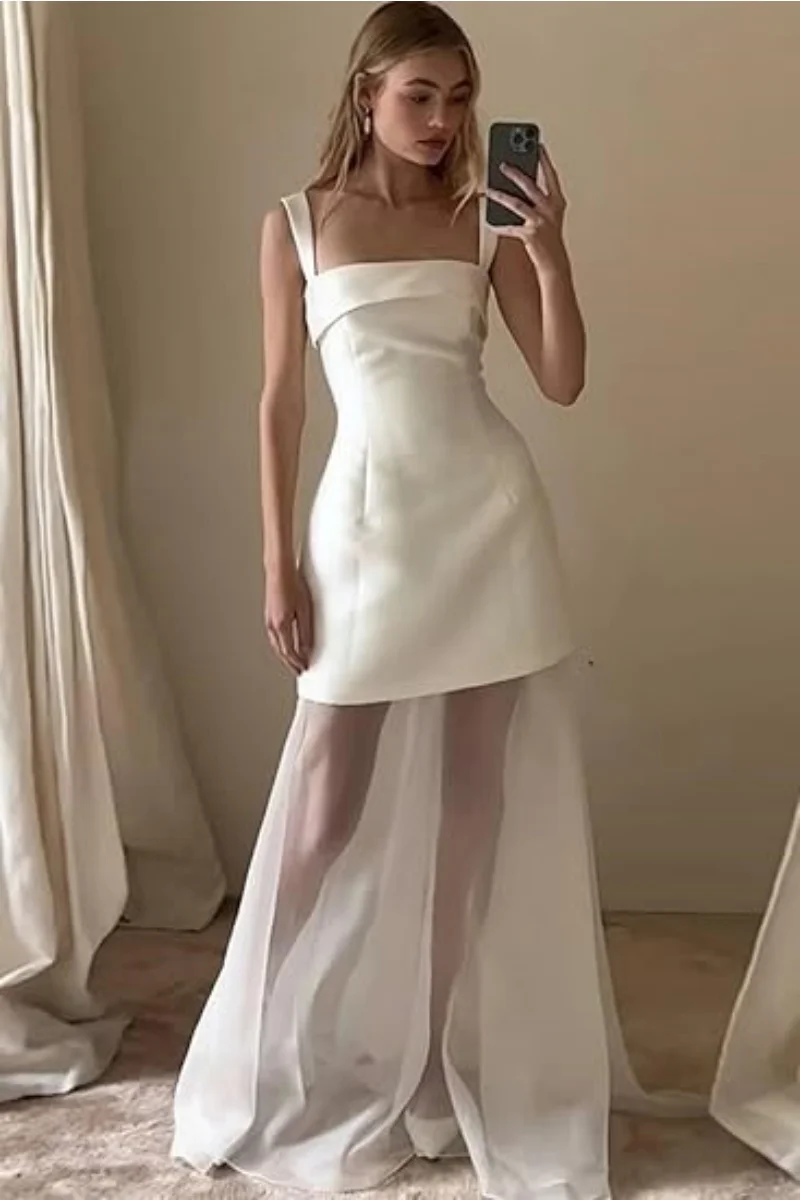 여성용 짧은 무도회 드레스, 긴 쉬어 메쉬 스트랩, 새틴 보호 웨딩 원피스