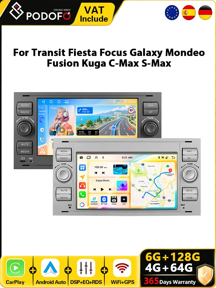 Podofo 7'' 2 Din Android Autoradio für Ford Transit Fiesta Focus Galaxy Mondeo Fusion Kuga C-Max S-Max Connect Smart Car Systems CarPlay Android Auto Car Player GPS WiFi BT Autoradio