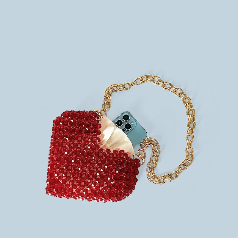 Fashion Red Heart Shape Beaded Bag Mini Handmade Acrylic Bead Gold Chain Shoulder Bag Female Evening Bag Wedding Party Clutches