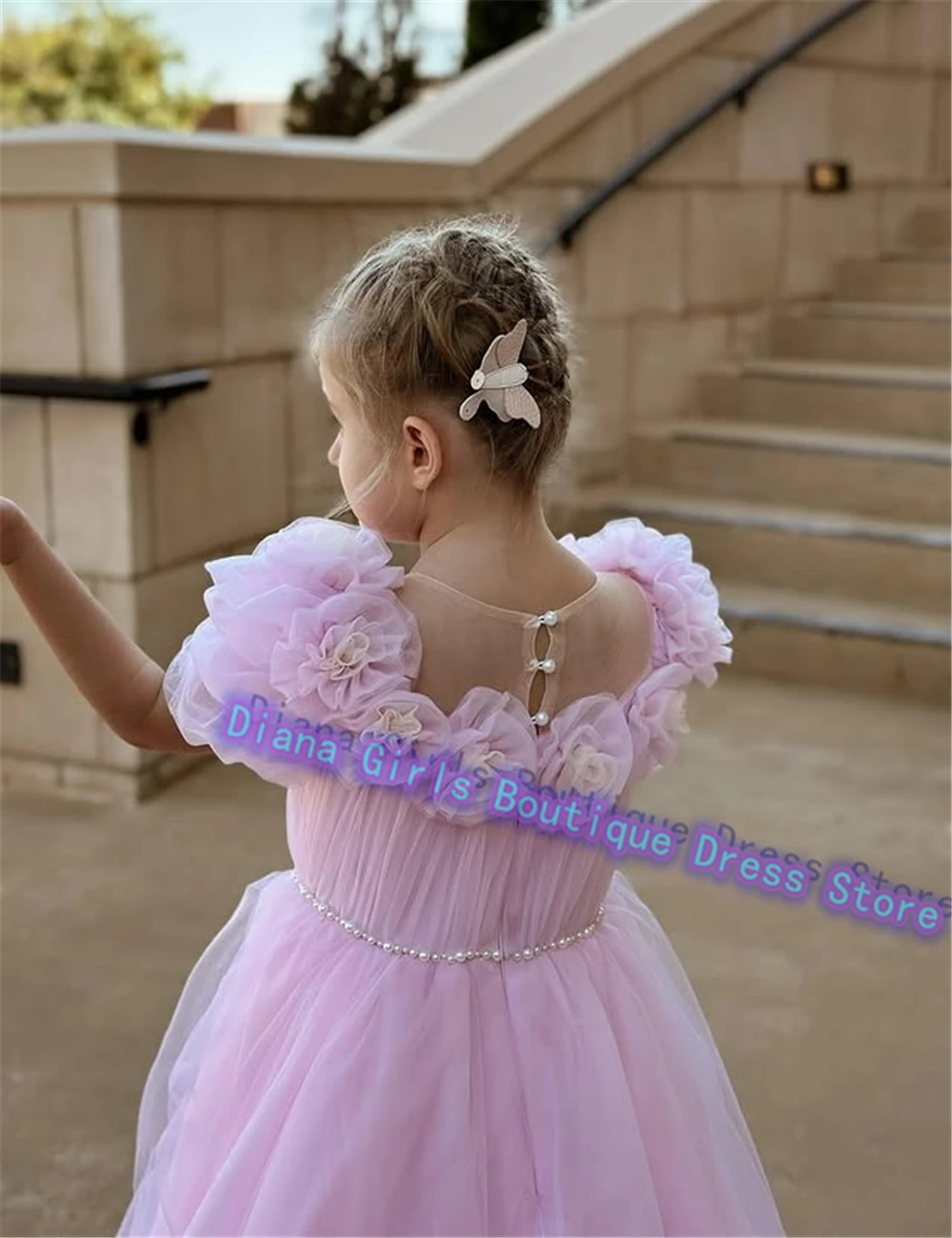 Precioso vestido rosa de flores para niña, vestidos de novia esponjosos de tul con apliques escalonados, vestidos personalizados para fiesta de cumpleaños de niñas pequeñas de princesa