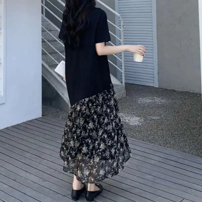 Summer Tide New V-neck Splicing Print Floral Black Women Dresses Temperament Chic Beautiful Short Sleeve Dress