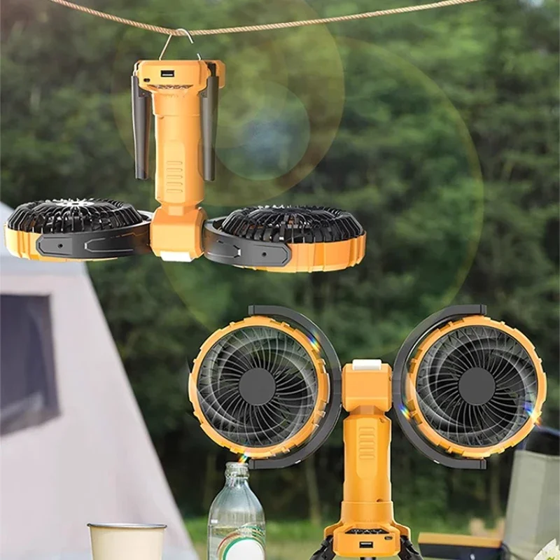 

‌Dual Head USB Camping Fan with LED Light‌ 360°Rotating Desk Fan 3Speed Ultra Quiet for Office/Bedside Portable Rechargeable