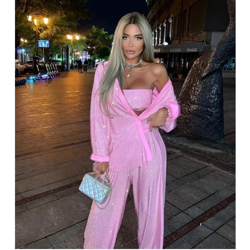 Stylish Relaxation Woman Set Diamonds Shirt Tube Top And Wide Leg Pants 3 Pieces Fashion Woman High Street Wear Vaction Outfit