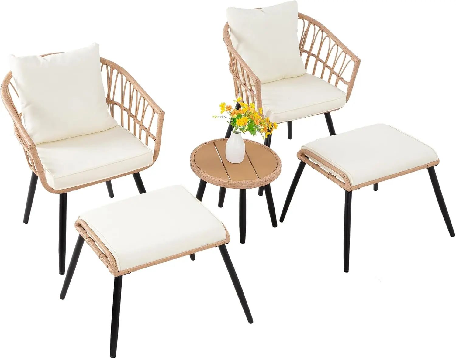 

5-Piece Patio Bistro Set with Ottoman, Wicker Chairs & Round Table for Garden Porch Backyard Poolside Natural-Beige