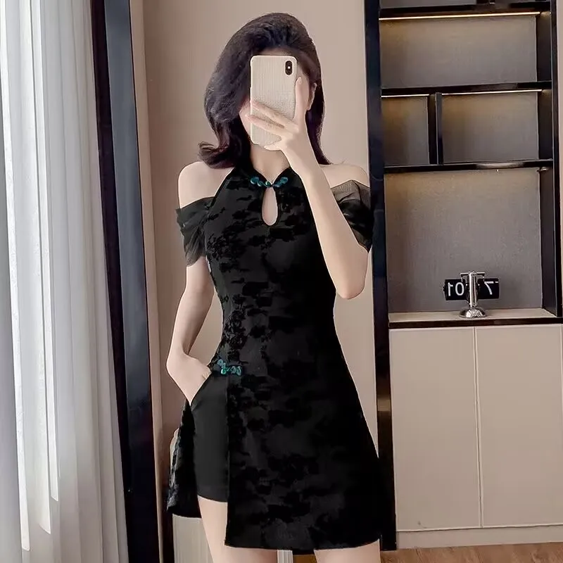 Summer New Style Cheongsam Chinese Fashion Jacquard Dress Set Buckle Improved Modern Traditional Women's Clothing Black Suits