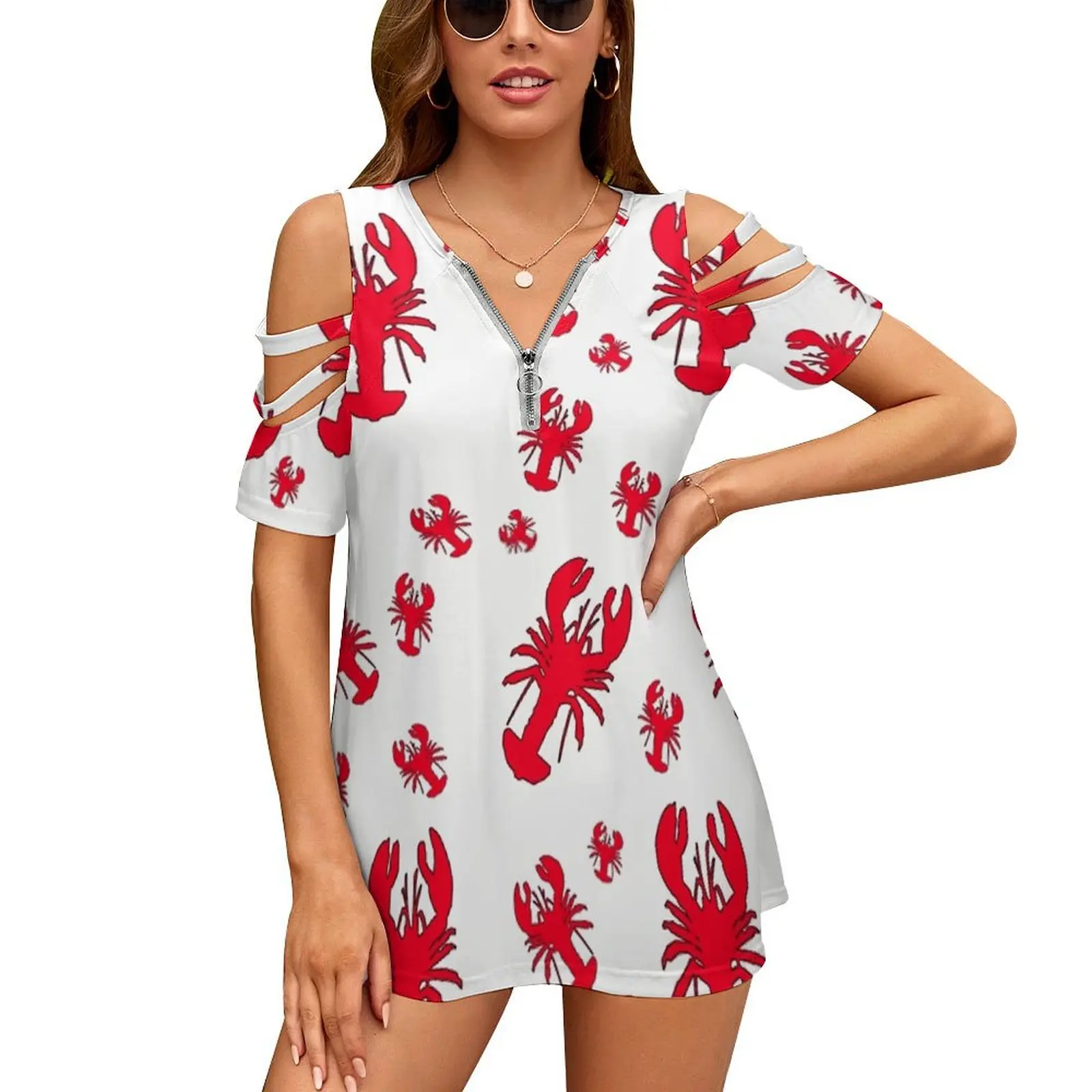 All Over Lobster Print Women's T-Shirt New Fashion Printed Zipper V-Neck Short Sleeve T Shirts Casual Plus Size All Over