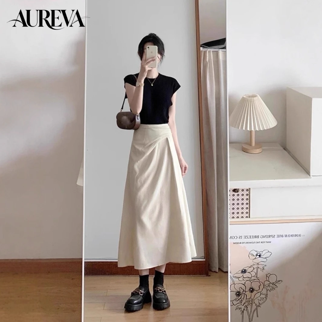 Apricot High Waist A-Line Midi Skirt for Women Summer 2026 Thin Irregular Hip Covering Umbrella Skirt Fashionable Pack Hip Style
