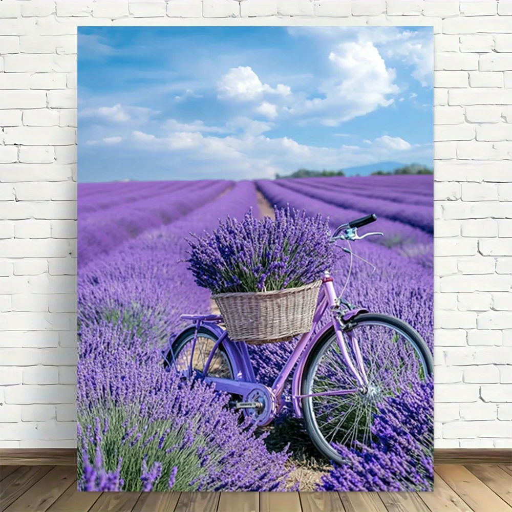 Lavender Fields Bicycle Art Frameless Canvas Wall Art Modern Vintage Design,  Printed Poster, 2D Flat, Elegant Home Office Decor