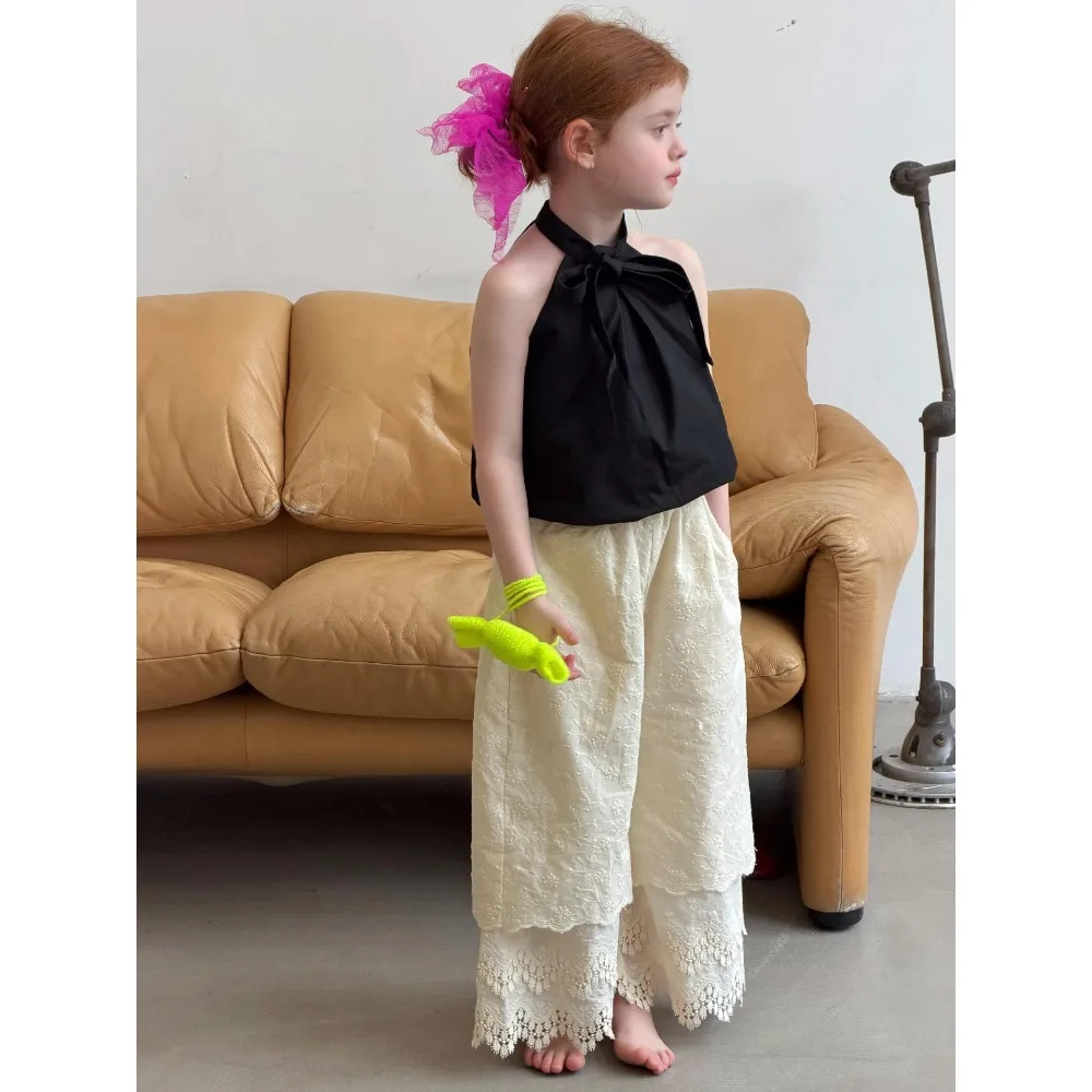 2026 Summer Girls Sleeveless Blouse, Korean Style Black Bow Round Neck Tank Top for 90-150cm