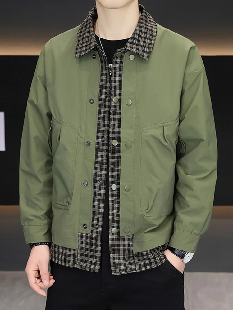 

Men's Spring Autumn Plaid Patchwork Workwear Jaet Fake Two-Piece Collar Design Faionable Brand New 2026 Loose Fit Long Sl...