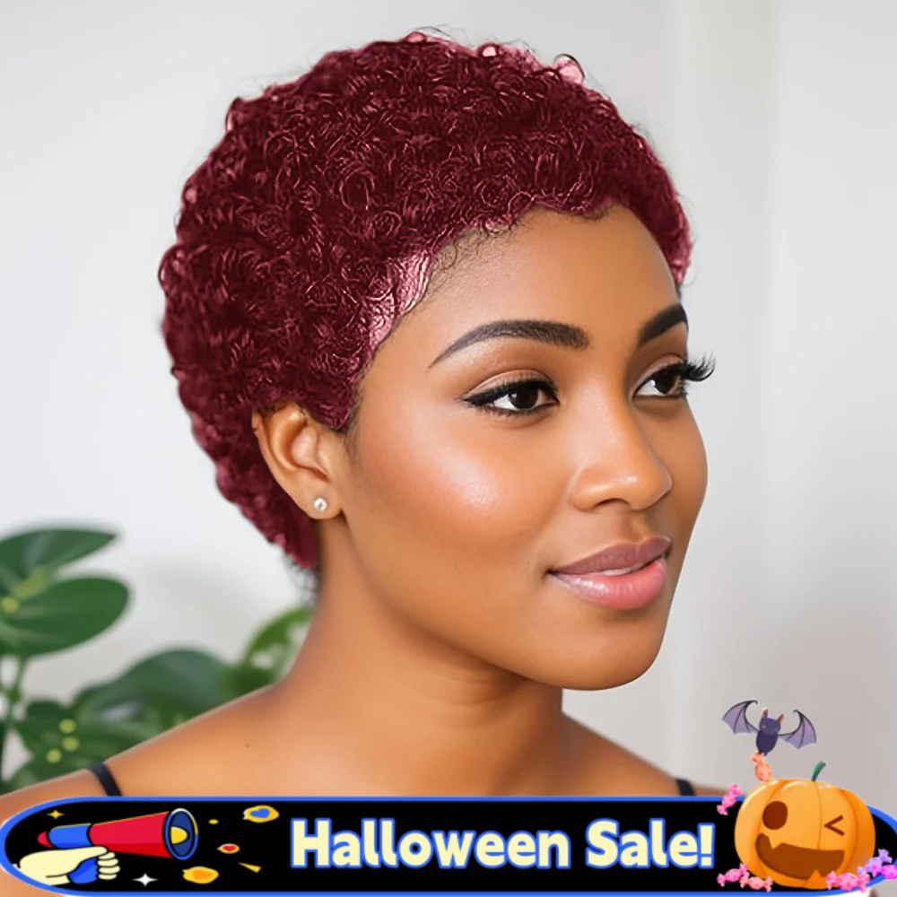 여성용 시크한 짧은 곱슬 가발 인모 픽시컷 브라질 인모 풀 머신 가발