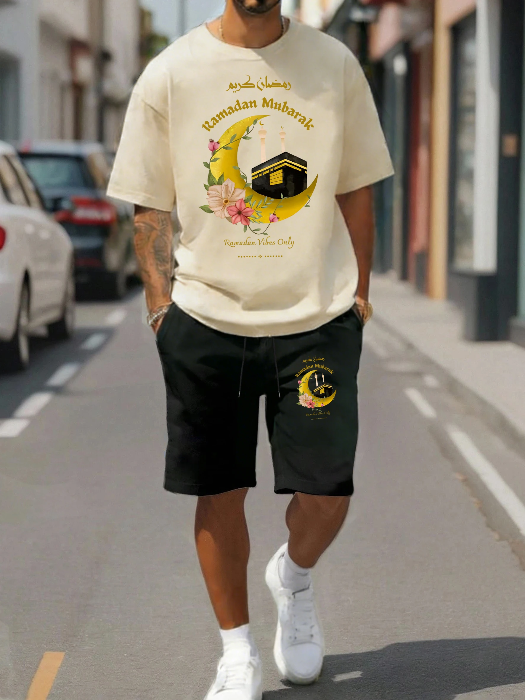 

Ramadan Mubarak Art Flower Moon Print Men Retro T-Shirt Suit Casual Cotton Tee Drawstring Sport Shorts Unisex Fashion Clothing