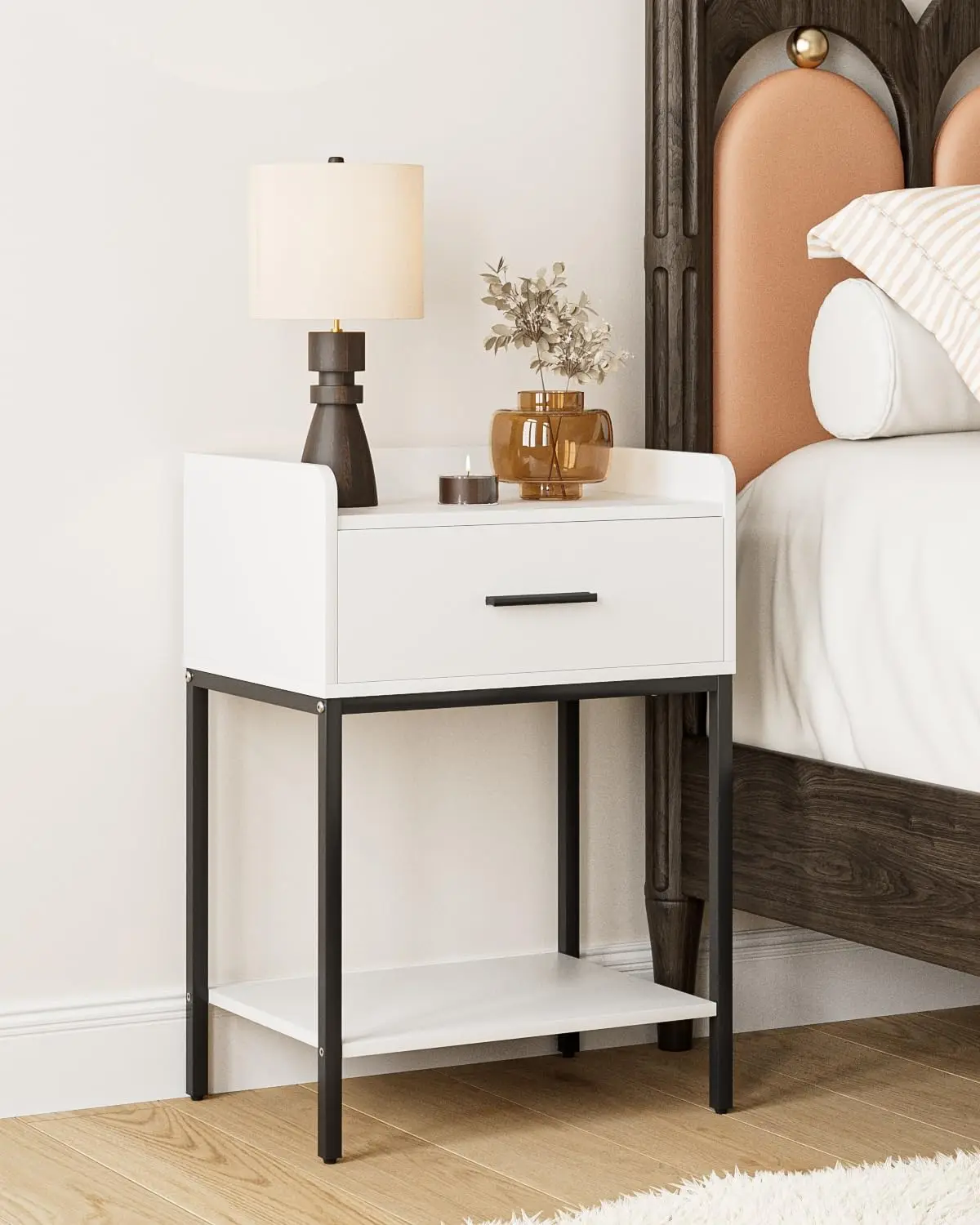 

Nightstand,Bedside Table with Drawer and 2 Shelf Storage, Small Side Table, Modern White Night Stand, Tall End Table for