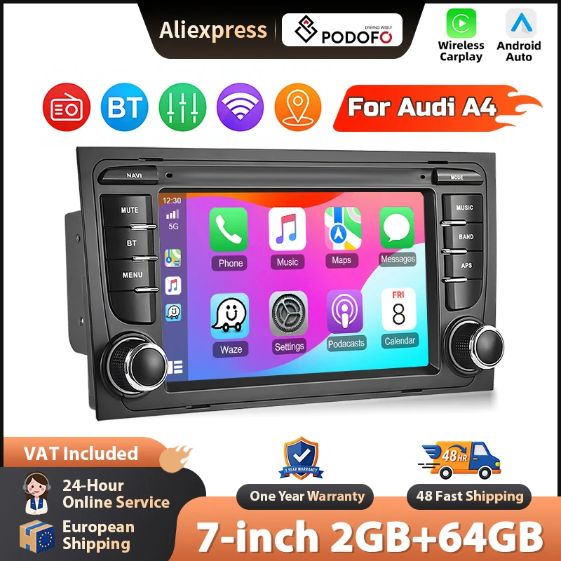 Podofo 7-Zoll-Autoradio für Audi A4 B6 S4 RS4 Seat Exeo, kabelloses CarPlay, Android-Auto-Multimedia-Stereo, WIFI, GPS-Navigation, FM/RDS, BT, 2-DIN-Headunit, HD-EQ, Touchscreen, Mirrorlink,