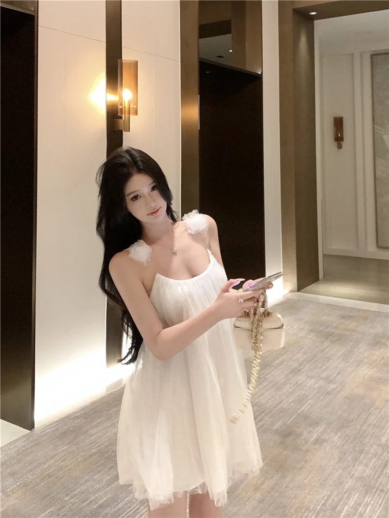 

Женское платье без рукавов 2021, с вырезом на шее и цветами, с открытой спиной, во французском стиле, шикарные, милые, элегантные мини-платья, женские повседневные вечерние летние платья