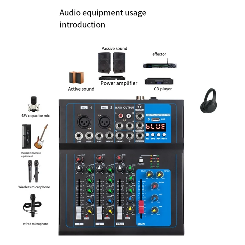 DJ Audio Mixer 4 Channel Sound Mixing Console with USB MP3 Jack 12V Power for Computer Recording and Live US Plug-A79M