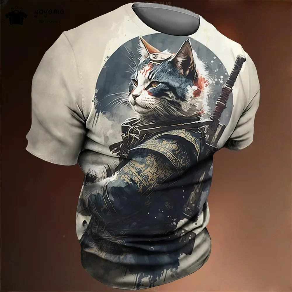 

Новая мужская одежда Cat Samurai, летняя модная мужская футболка, уличная дышащая трендовая мужская футболка с коротким рукавом, повседневные мужские топы с круглым вырезом