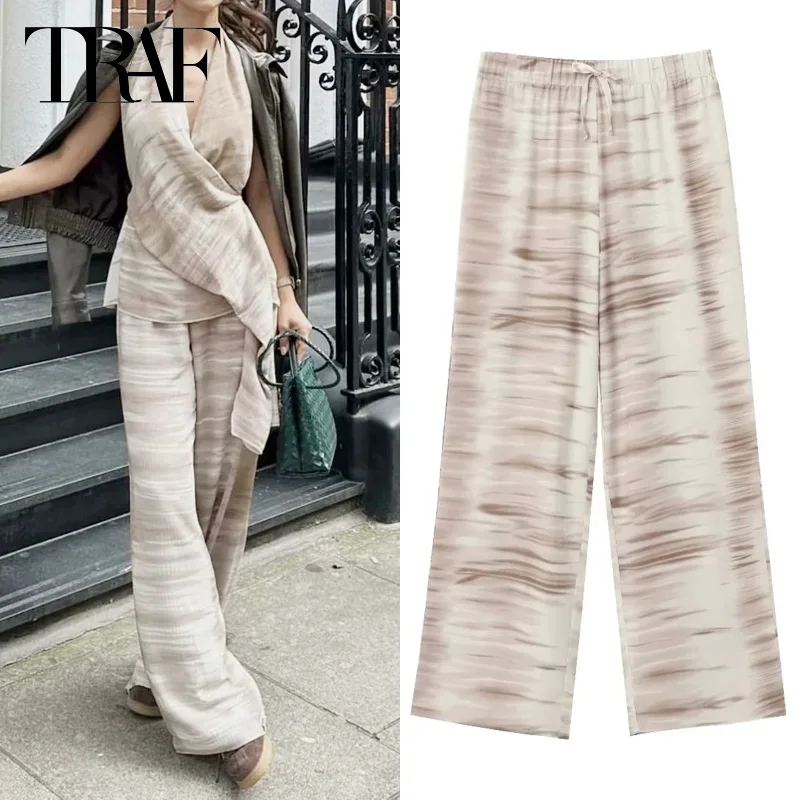 Traf Tie Dye Vertikal ität Hosen Damen Hosen Sommer hohe Taille weites Bein drucken lange Hosen lässige Schnür Streetwear Hosen