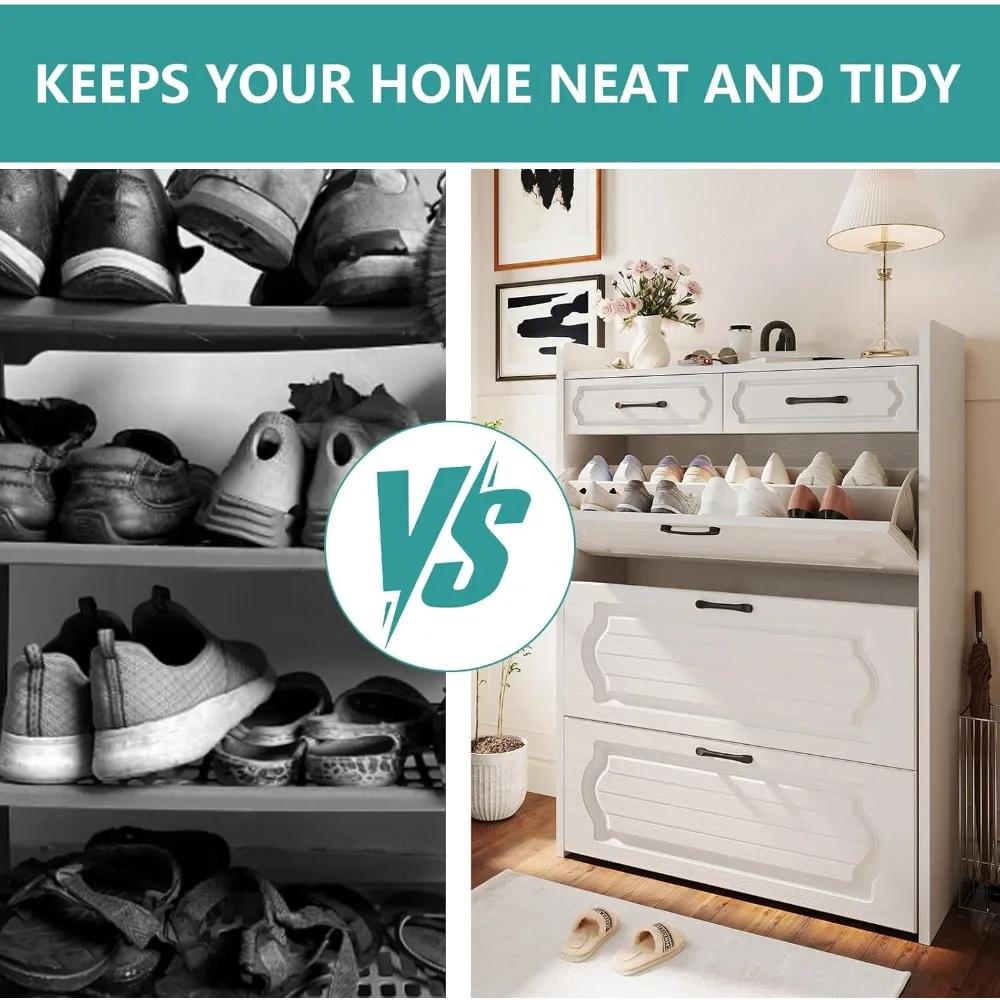 Shoe Cabinet with 3 Flip Drawers and 2 Storage Drawers, Shoes Organizer Cabinets with Adjustable Divider, Hidden Shoe Stor