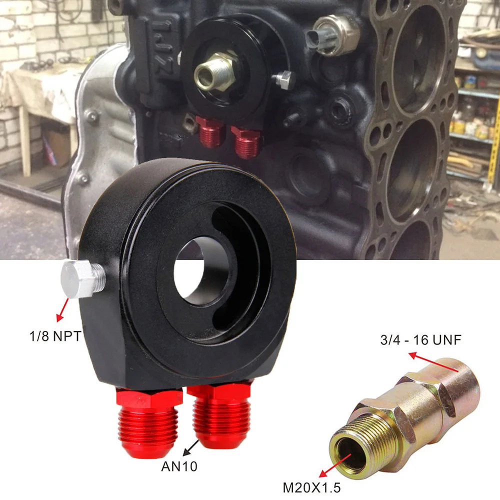 Universal Aluminum Oil Cooler Sandwich Plate Kit - AN10 Fitting Filter Adapter with Thermostat 3/4-16 UNF M20 x 1.5