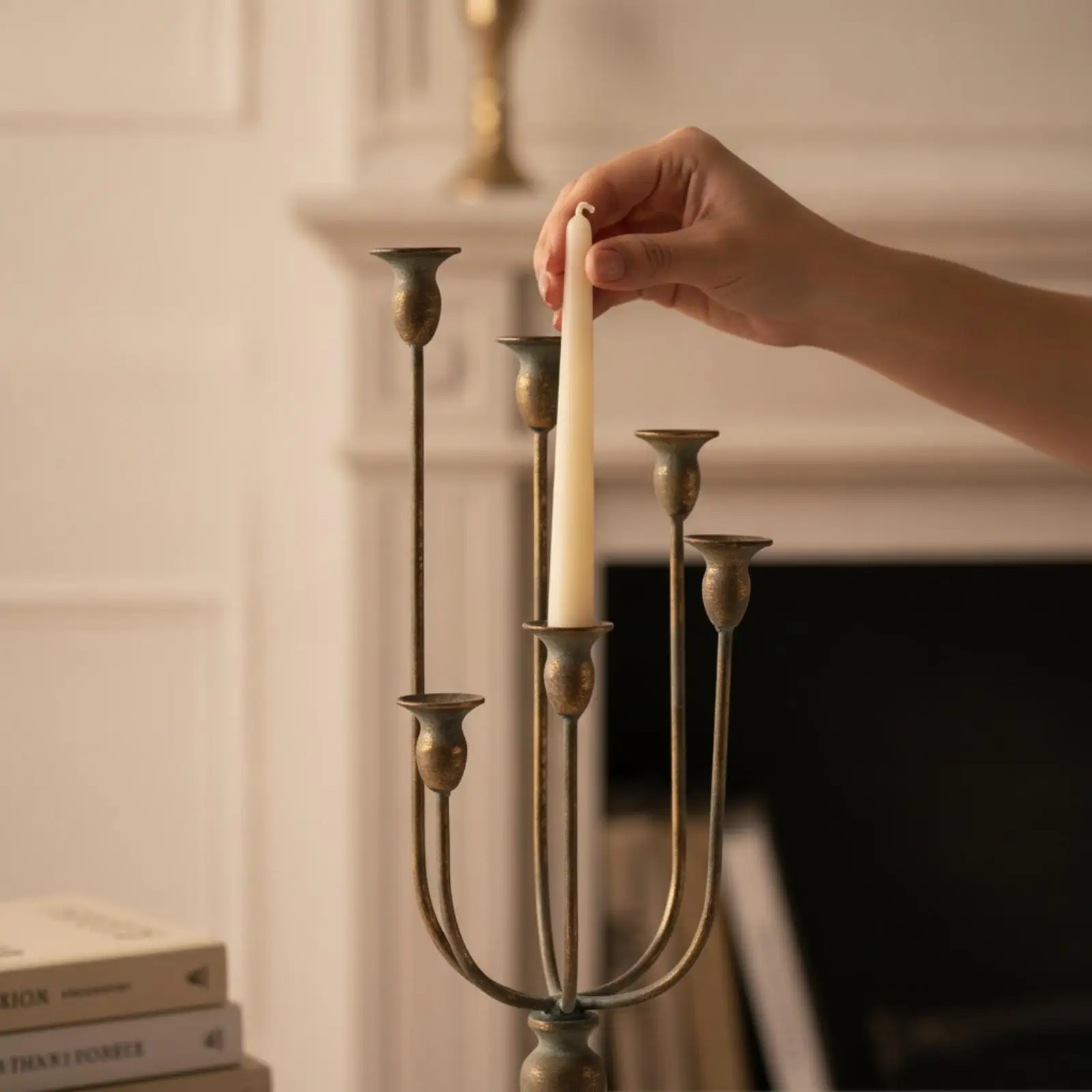 Classic Antique Bronze Iron Candelabra Tree Shaped Holder for French Country Mantel Decor