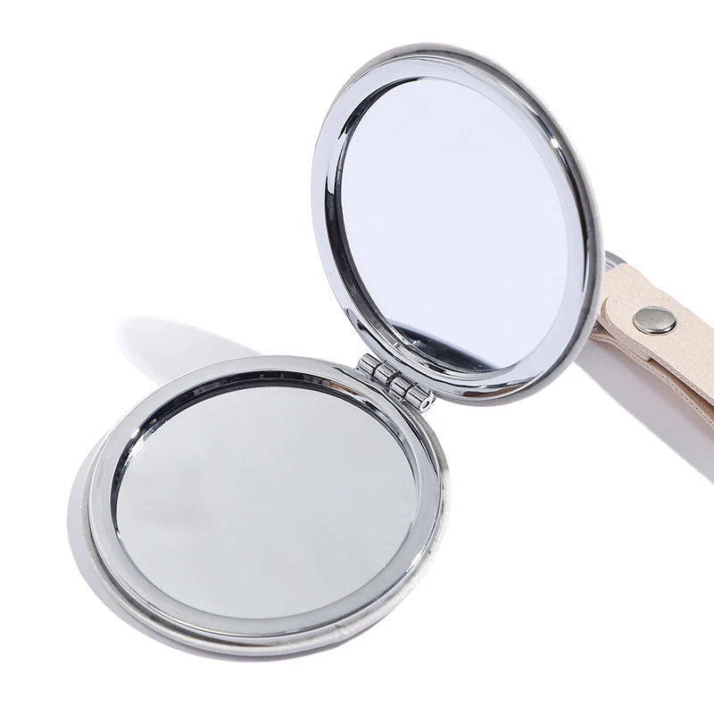 Miroir de Maquillage Pliant Réversible en PU, Porte-clés Créatif en Métal, Rond, Portable, Mini