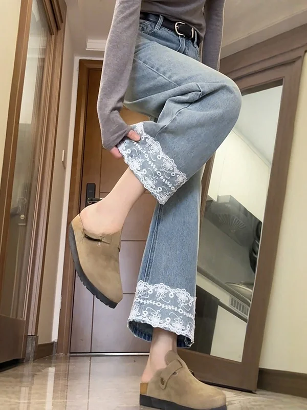 

High Waist Straight Leg Blue Lace Trim Nine-Tenths Length Women's Jeans Spring Summer New Style Pear Shape Body Design Sense