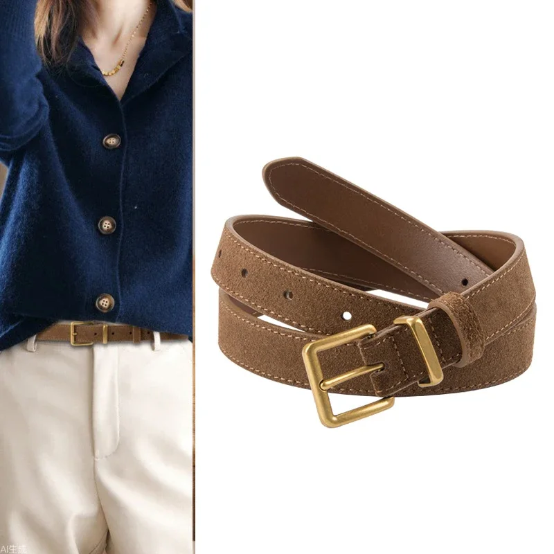 

Замшевый женский ремень из воловьей кожи, высокое качество, простой дизайн, золотая пряжка, ремень, универсальные джинсовые аксессуары, пояс в стиле гот-ретро
