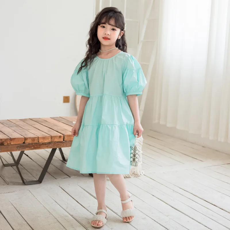 2024 Korean Summer School Girl One-piece Dress Elementary Girl Bubble Sleeve Princess Dress Junior Girl Fluffy Dress 4-12Yrs